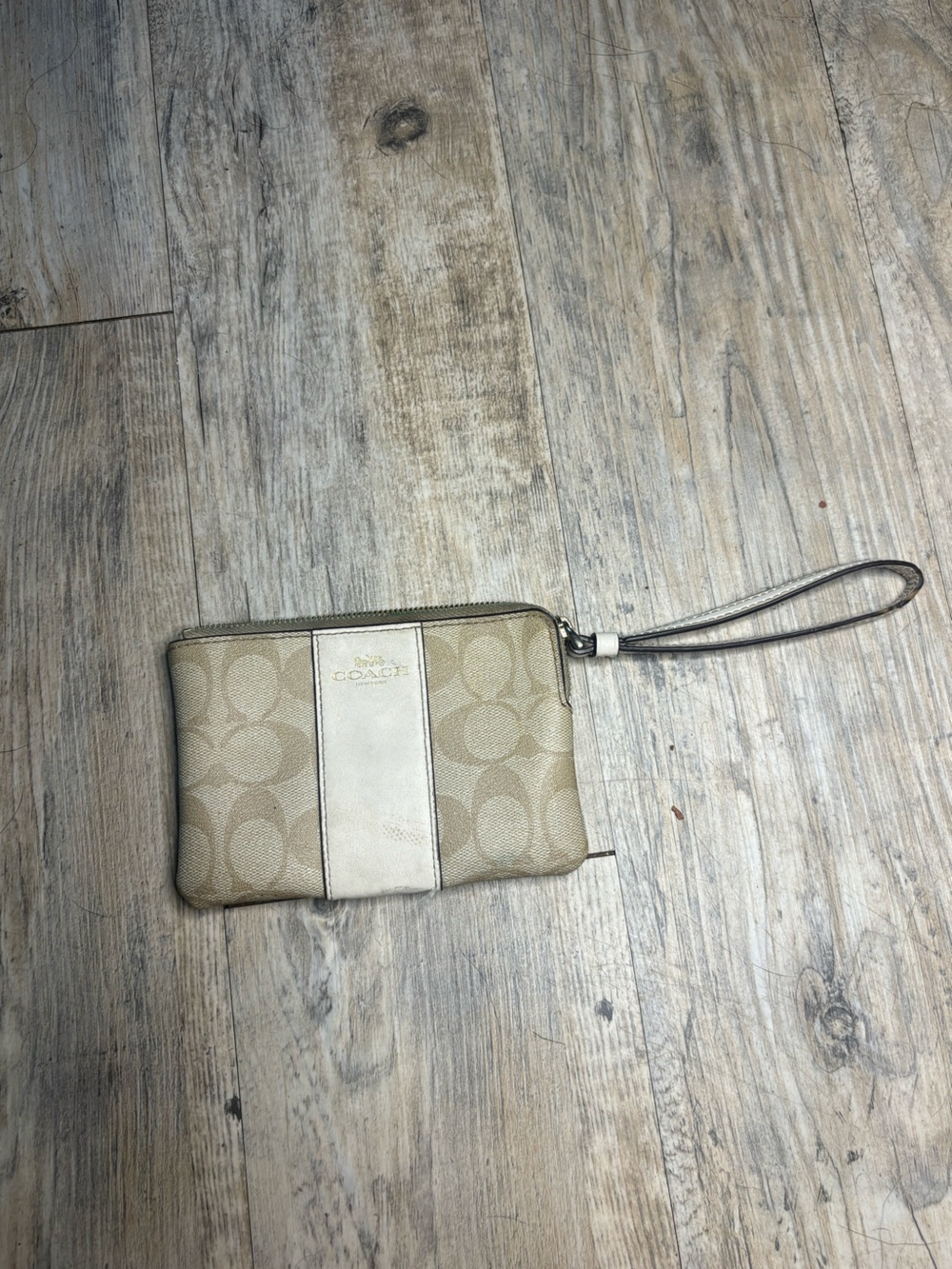 Coach Neutral Signature Canvas Wristlet with Cream Leather Stripe
